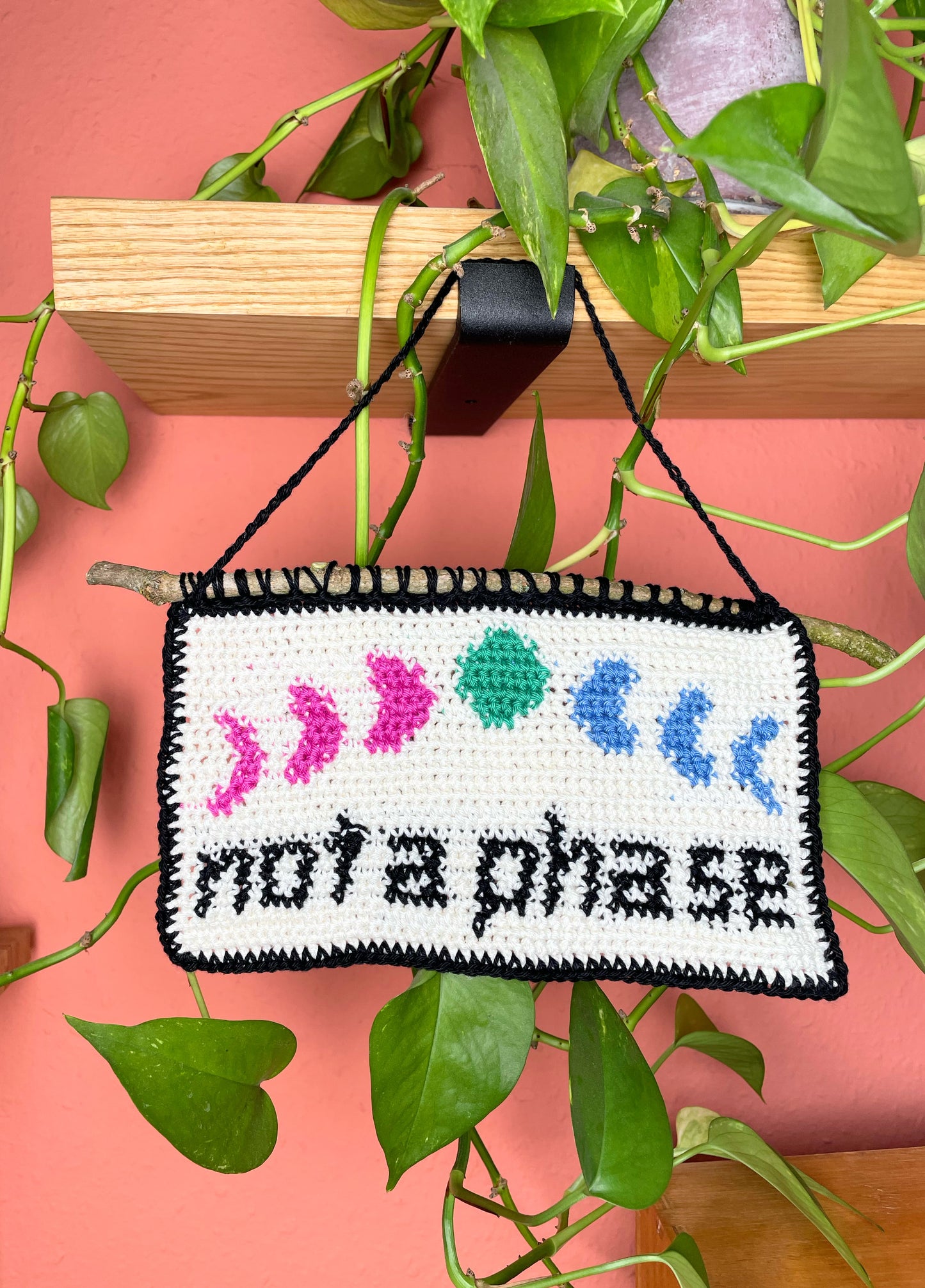 Gehäkeltes Wandbild. Unten in schwarz die Worte "not a phase". Darüber 7 Phasen des Mondes, jeweils in den 3 Farben der polysexuellen Pride Flagge. Hintergrund ist cremeweiß. Alles ist umrandet mit schwarz. Am oberen Rand ist ein Stock eingehäkelt. Im Hintergrund eine Efeutute auf einem Holzregal und eine terracottafarbene Wand.