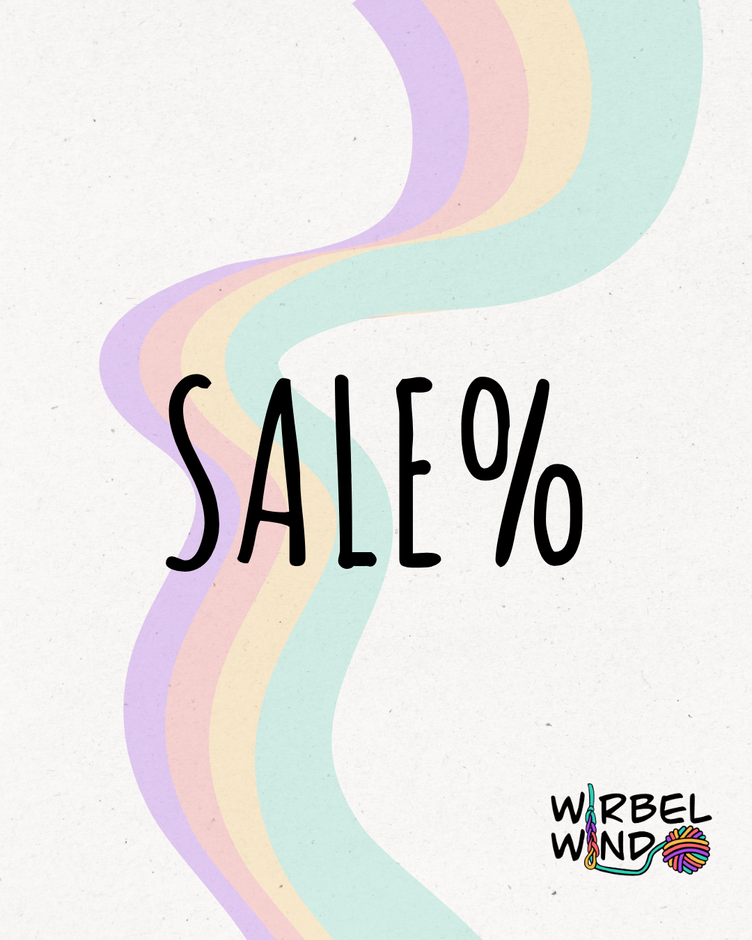 "SALE%" in großen schwarzen Buchstaben. Regenbogen in den typischen Wirbelwind-Farben: Lila, Rot, Gelb, Türkis. Rechts unten das Logo der Firma.