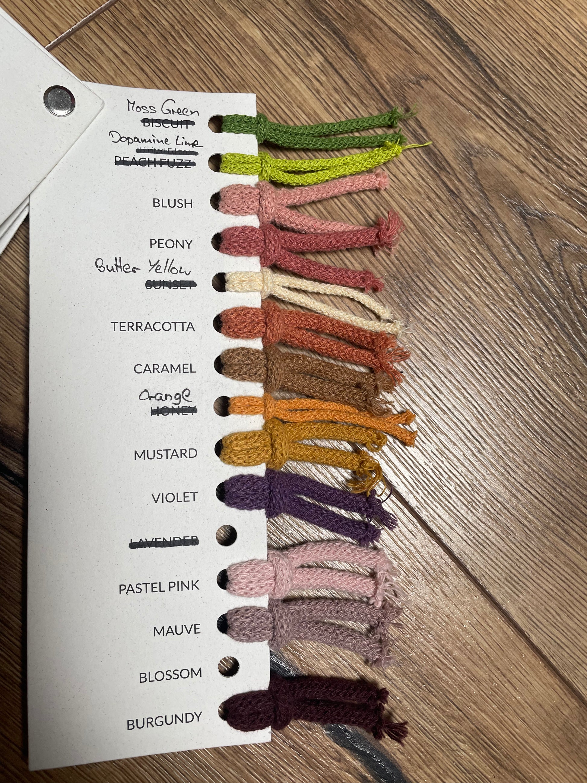 Eine Farbkarte, die folgende Farben zeigt: moss green, dopamine lime, blush, peony, butter yellow, terracotta, caramel, orange, mustard, violet,  pastel pink, mauve, burgundy