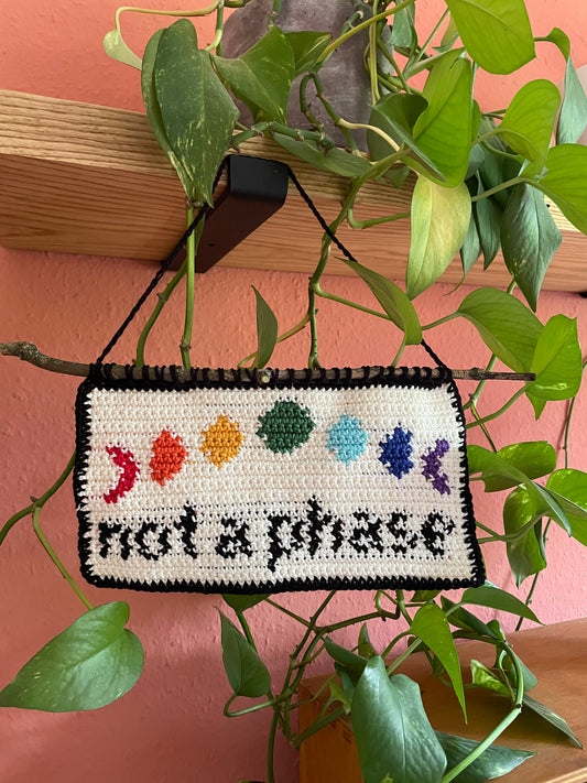 Gehäkeltes Wandbild. Unten in schwarz die Worte "not a phase". Darüber 7 Phasen des Mondes, jeweils in den 7 Farben des Regenbogens. Hintergrund ist cremeweiß. Alles ist umrandet mit schwarz. Am oberen Rand ist ein Stock eingehäkelt. Im Hintergrund eine Efeutute auf einem Holzregal und eine terracottafarbene Wand.