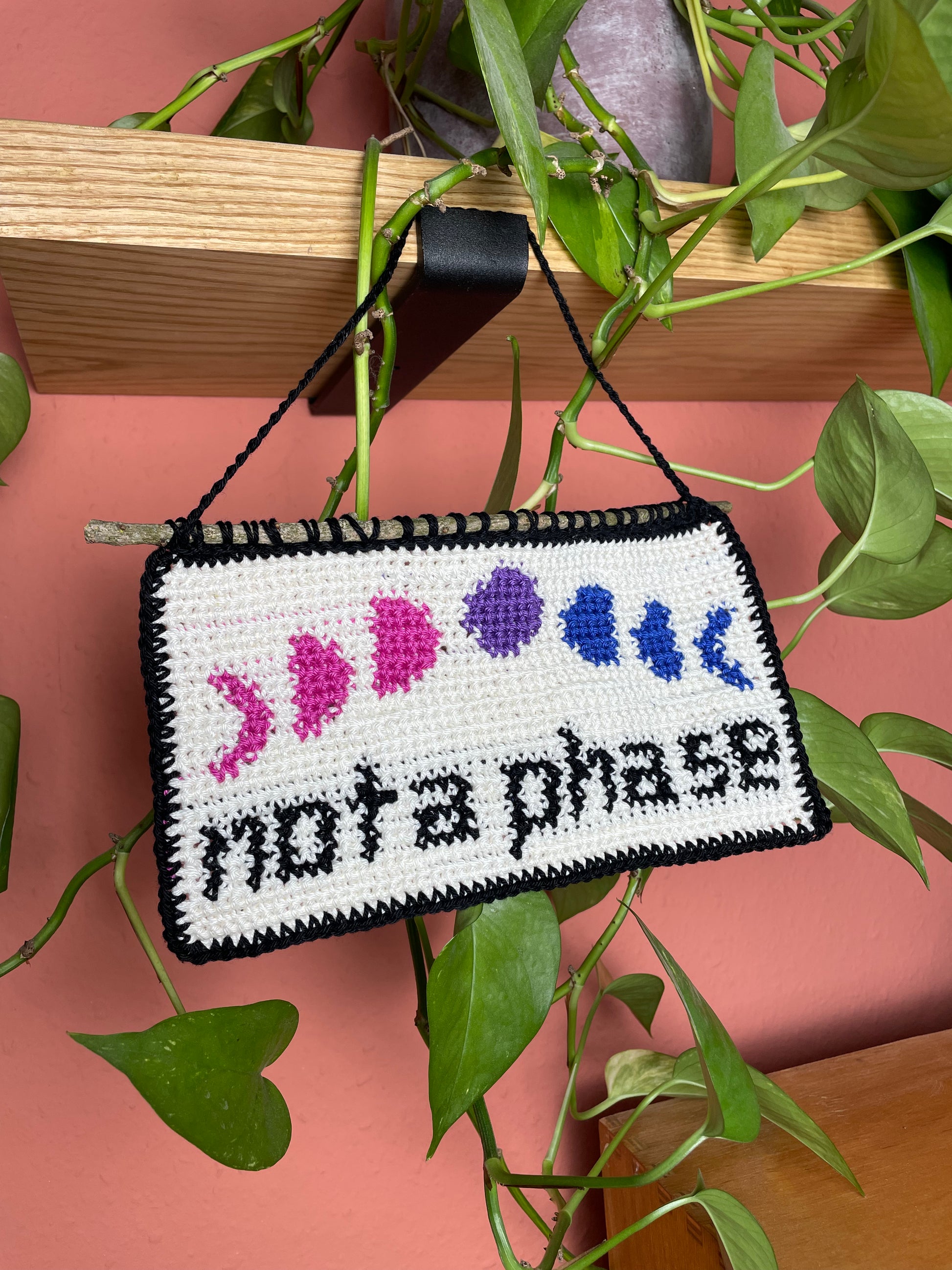 Gehäkeltes Wandbild. Unten in schwarz die Worte "not a phase". Darüber 7 Phasen des Mondes, jeweils in den 3 Farben der Bi-Pride Flagge. Hintergrund ist cremeweiß. Alles ist umrandet mit schwarz. Am oberen Rand ist ein Stock eingehäkelt. Im Hintergrund eine Efeutute auf einem Holzregal und eine terracottafarbene Wand.