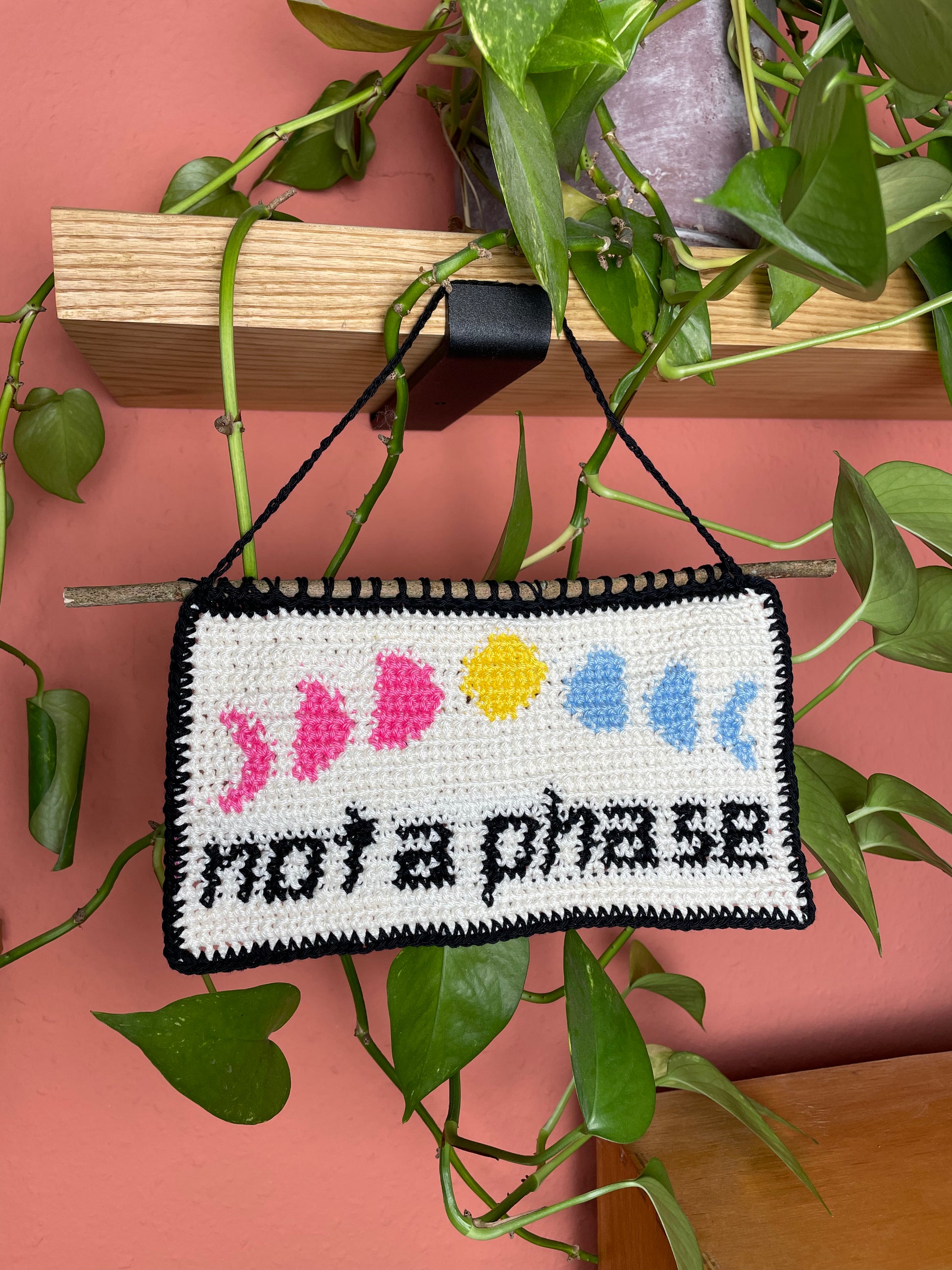 Gehäkeltes Wandbild. Unten in schwarz die Worte "not a phase". Darüber 7 Phasen des Mondes, jeweils in den 3 Farben der pansexuellen Pride Flagge. Hintergrund ist cremeweiß. Alles ist umrandet mit schwarz. Am oberen Rand ist ein Stock eingehäkelt. Im Hintergrund eine Efeutute auf einem Holzregal und eine terracottafarbene Wand.