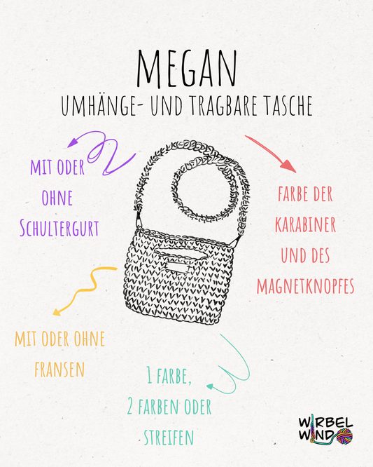 Eine Zeichnung der Tasche MEGAN mit der Überschrift: MEGAN - Umhänge- und tragbare Tasche.
Links von der Zeichnung ein Pfeil in lila und die Worte "mit oder ohne Schultergurt".
Darunter ein Pfeil in gelb und die Worte "mit oder ohne Fransen".
Rechts von der Zeichnung ein roter Pfeil und die Worte "Farbe der Karabiner und des Magnetknopfes".
Darunter ein Pfeil in Türkis und die Worte "1 Farbe, 2 Farben oder Streifen".
Rechts unten im Eck das Logo von Wirbelwind.