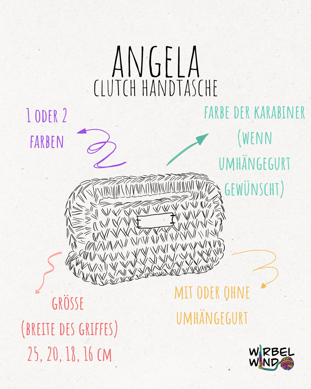 Eine Zeichnung der Tasche ANGELA mit der Überschrift: ANGELA - Schultertasche.
Links von der Zeichnung ein Pfeil in Lila und die Worte "1 oder 2 Farben".
Darunter ein Pfeil in Rot und die Worte "Größe (Breite des Griffes) 25, 20, 18, 16".
Rechts von der Zeichnung ein türkiser Pfeil und die Worte "Farbe der Karabiner (wenn Umhängegurt gewünscht)".
Darunter ein Pfeil in Gelb und die Worte "mit oder ohne Umhängegurt".
Rechts unten im Eck das Logo von Wirbelwind.