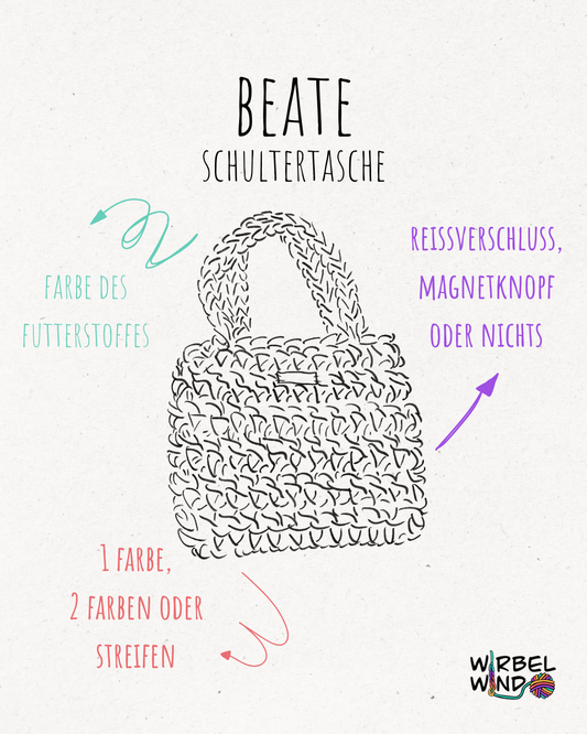 Eine Zeichnung der Tasche BEATE mit der Überschrift: BEATE - Schultertasche.
Links von der Zeichnung ein Pfeil in Türkis und die Worte "Farbe des Futterstoffes".
Unter der Zeichnung ein Pfeil in Rot und die Worte "1 Farbe, 2 Farben oder Streifen".
Rechts von der Zeichnung ein Pfeil in Lila und die Worte "Reißverschluss, Magnetknopf oder nichts".
Rechts unten im Eck das Logo von Wirbelwind.