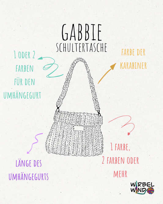 Eine Zeichnung der Tasche GABBIE mit der Überschrift: GABBIE - Schultertasche.
Links von der Zeichnung ein Pfeil in Türkis und die Worte "1 oder 2 Farben für den Umhängegurt".
Darunter ein Pfeil in Lila und die Worte "Länge des Umhängegurtes".
Rechts von der Zeichnung ein gelber Pfeil und die Worte "Farbe der Karabiner".
Darunter ein Pfeil in Rot und die Worte "1 Farbe, 2 Farben oder mehr".
Rechts unten im Eck das Logo von Wirbelwind.