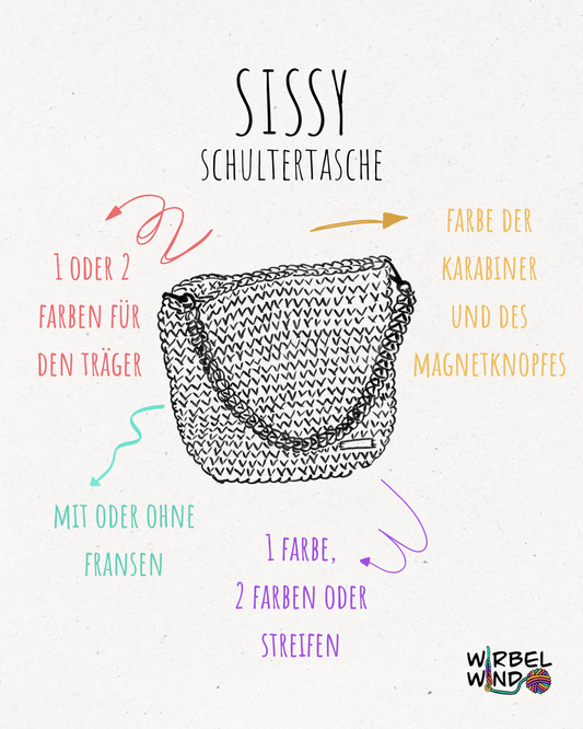Eine Zeichnung der Tasche SISSY mit der Überschrift: SISSY - Schultertasche.
Links von der Zeichnung ein Pfeil in Rot und die Worte "1 oder 2 Farben für den Träger".
Darunter ein Pfeil in Türkis und die Worte "mit oder ohne Fransen".
Rechts von der Zeichnung ein Pfeil in Gelb und die Worte "Farbe der Karabiner und des Magnetknopfes".
Darunter ein Pfeil in Lila und die Worte "1 Farbe, 2 Farben oder Streifen".
Rechts unten im Eck das Logo von Wirbelwind.
