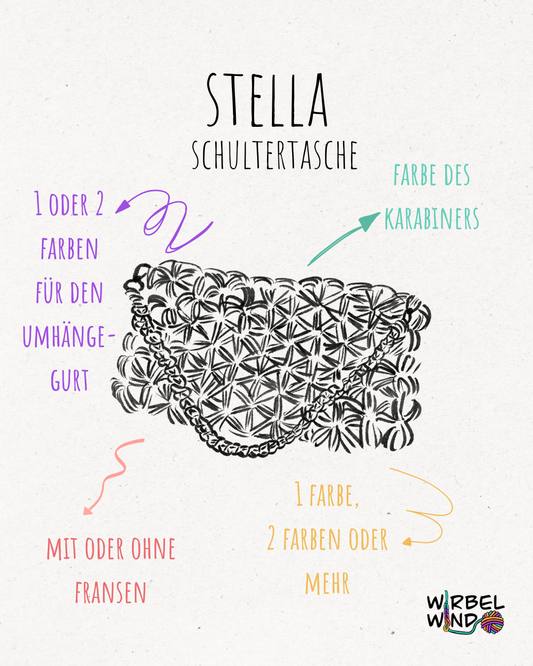 Eine Zeichnung der Tasche STELLA mit der Überschrift: STELLA - Schultertasche.
Links von der Zeichnung ein Pfeil in Lila und die Worte "1 oder 2 Farben für den Umhängegurt".
Darunter ein Pfeil in Rot und die Worte "mit oder ohne Fransen".
Rechts von der Zeichnung ein türkiser Pfeil und die Worte "Farbe des Karabiners".
Darunter ein Pfeil in Gelb und die Worte "1 Farbe, 2 Farben oder mehr".
Rechts unten im Eck das Logo von Wirbelwind.