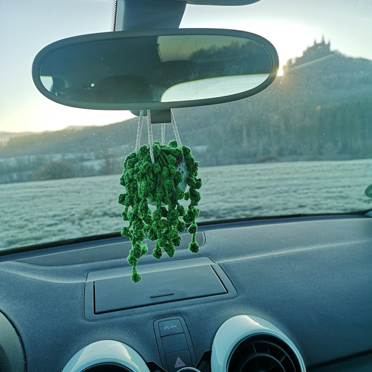 Gehäkelte Hängepflanze in weißem Topf hängt an dem Rückspiegel eines Autos.